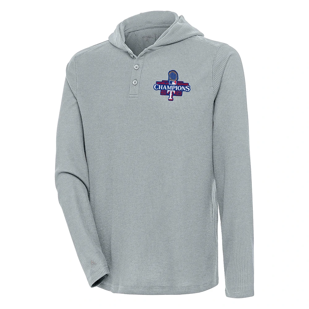Men's Antigua Gray Texas Rangers 2023 World Series Champions Strong Hold Long Sleeve Henley Pullover Hoodie Top