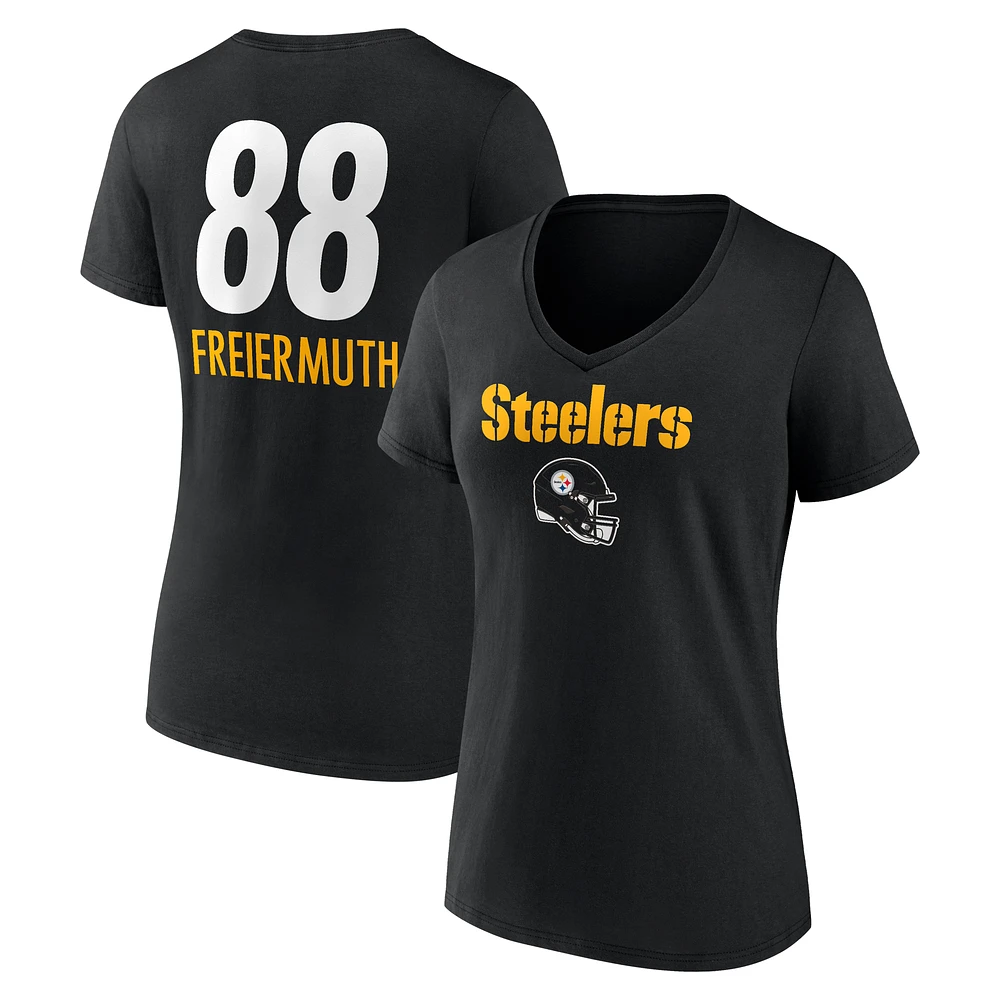 Women's Pat Freiermuth Black Pittsburgh Steelers Team Wordmark Player Name & Number V-Neck T-Shirt