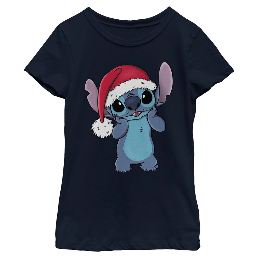 Girl's Youth Mad Engine Stitch Navy Lilo and Stitch Santa Hat Graphic T-Shirt
