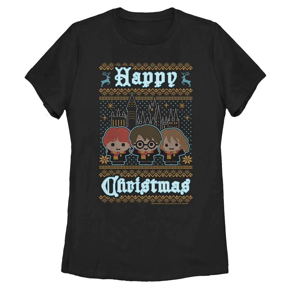 Women's Mad Engine Black Harry Potter and the Deathly Hallows Chibi Intarsia Sweater Graphic T-Shirt