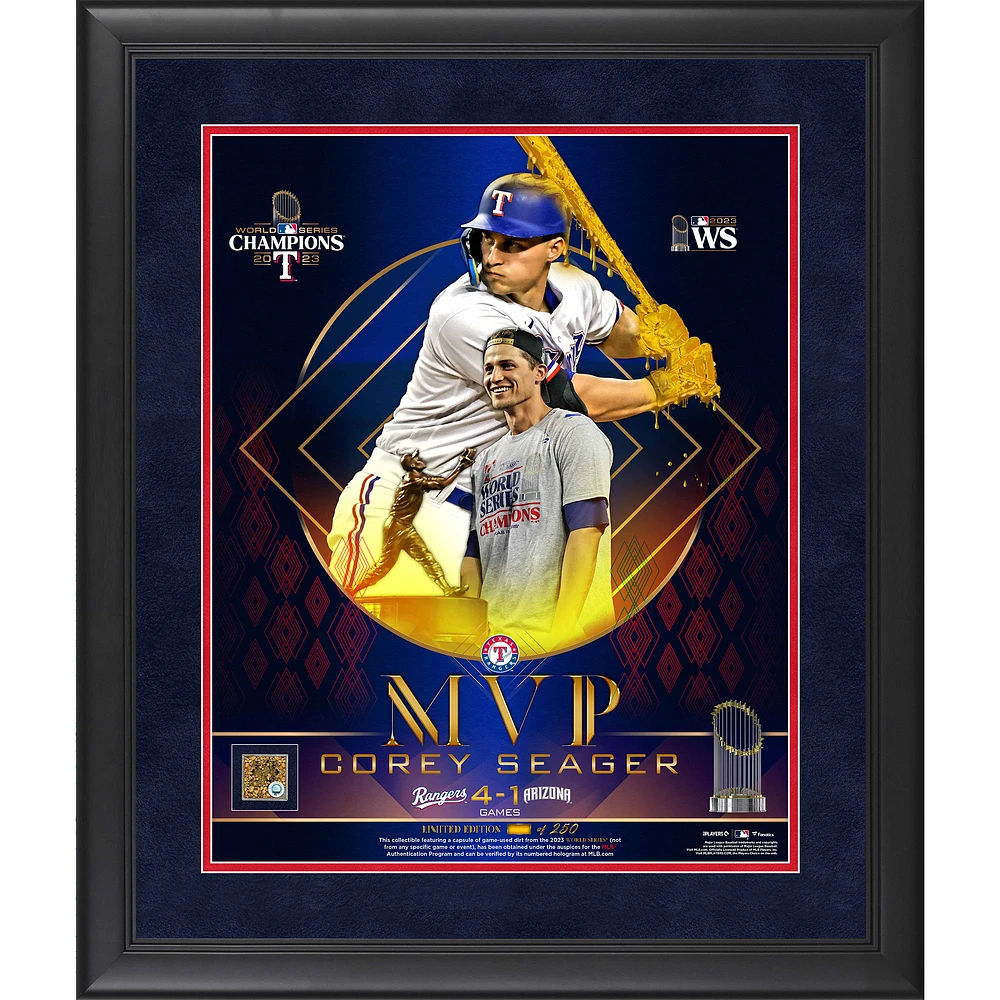 Corey Seager Texas Rangers Framed 16" x 20" 2023 World Series Champions MVP Collage with a Capsule of Game-Used World Series Dirt - Limited Edition of 250