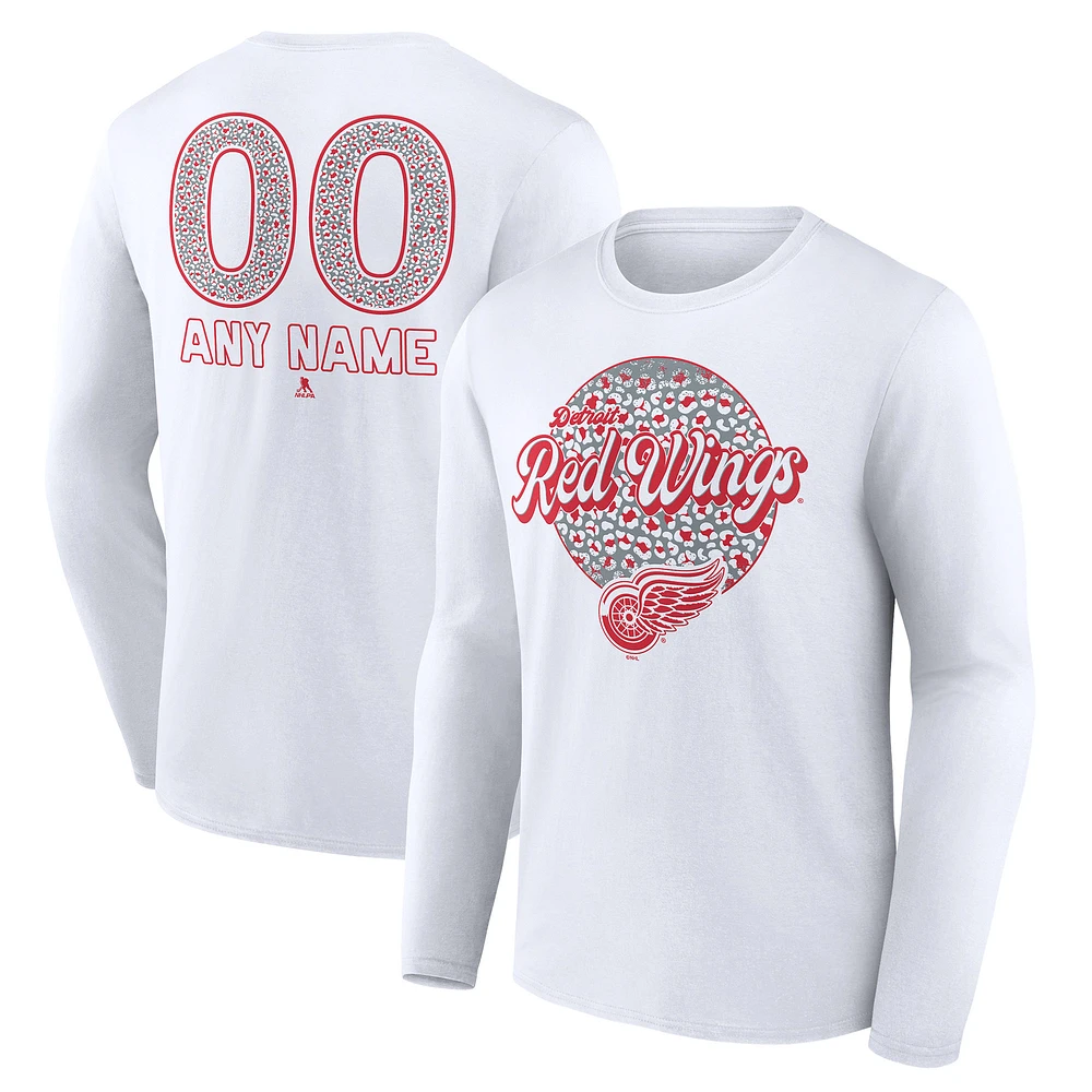 Unisex White Detroit Red Wings Personalized Name & Number Leopard Print Long Sleeve T-Shirt