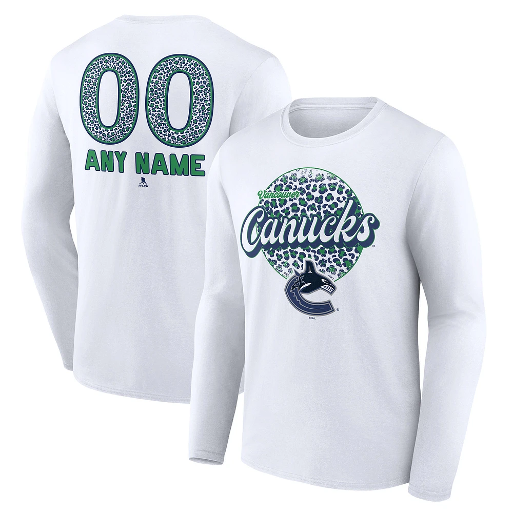 Unisex White Vancouver Canucks Personalized Name & Number Leopard Print Long Sleeve T-Shirt