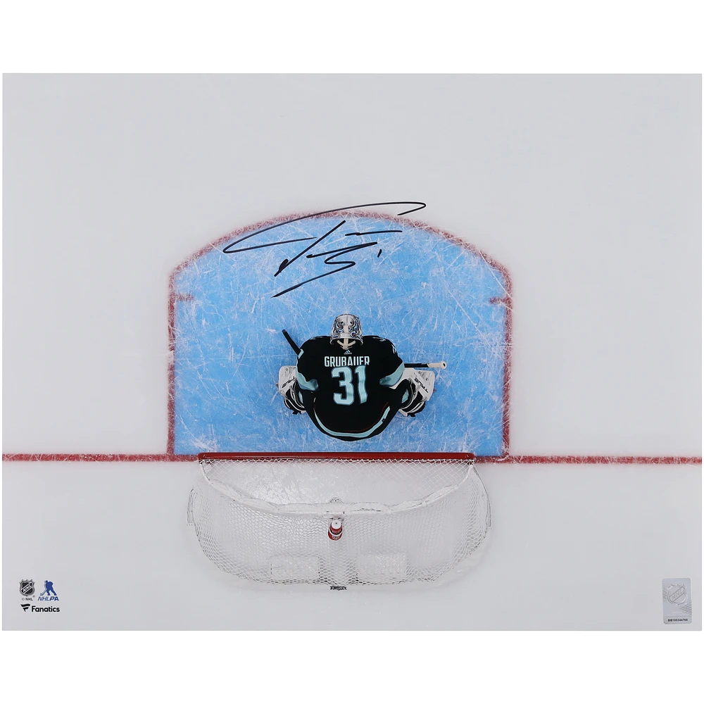 Philipp Grubauer Seattle Kraken Autographed 16" x 20" Navy Jersey Overhead Photograph