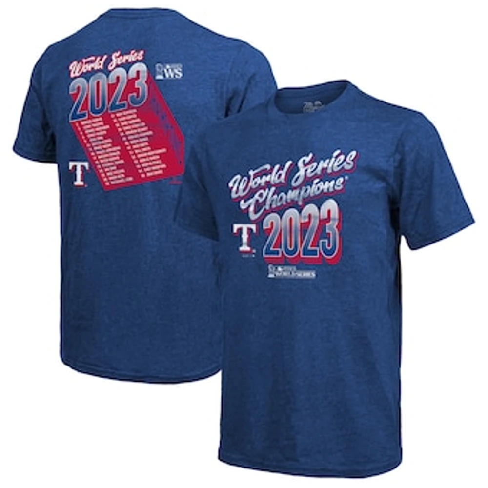 Men's Majestic Threads Royal Texas Rangers 2023 World Series Champions Life Of The Party Tri-Blend Roster T-Shirt