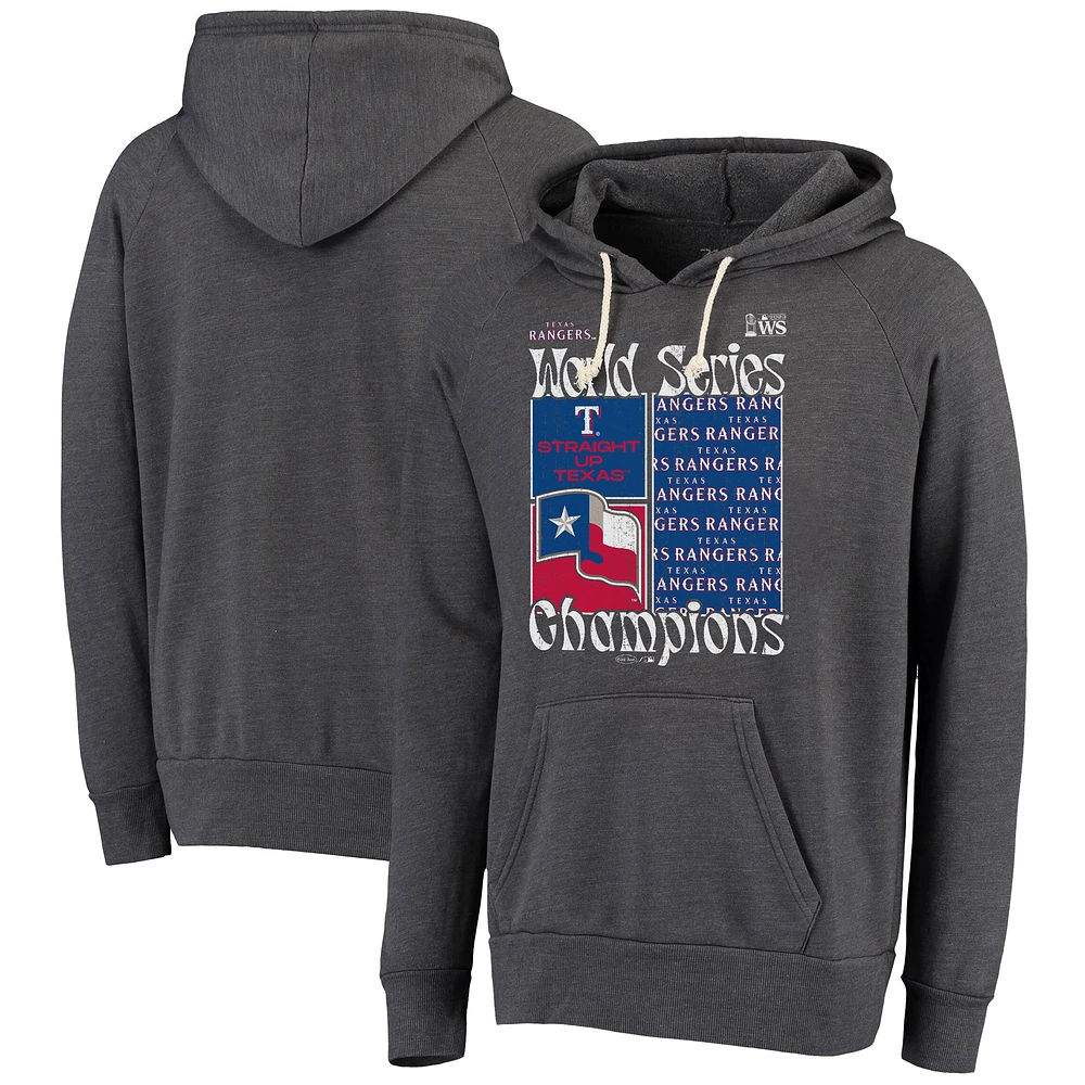 Men's Majestic Threads Charcoal Texas Rangers 2023 World Series Champions Local Squares Tri-Blend Pullover Hoodie