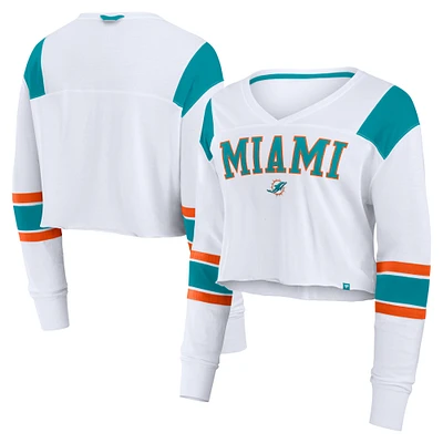Women's Fanatics White Miami Dolphins Stretch Cropped Fashion Long Sleeve T-Shirt