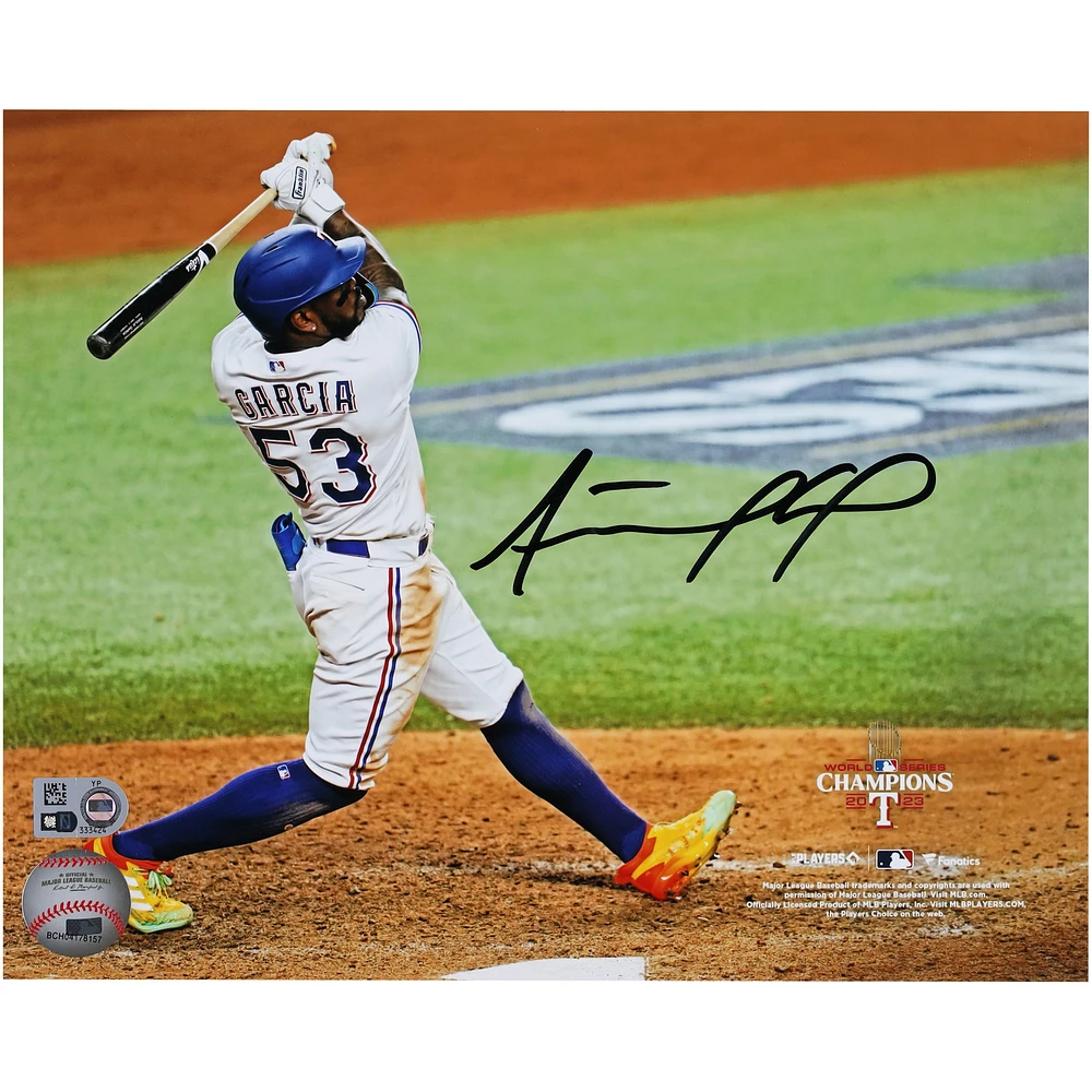 Adolis Garcia Texas Rangers Autographed 2023 World Series Champions 8" x 10" Hitting Photograph