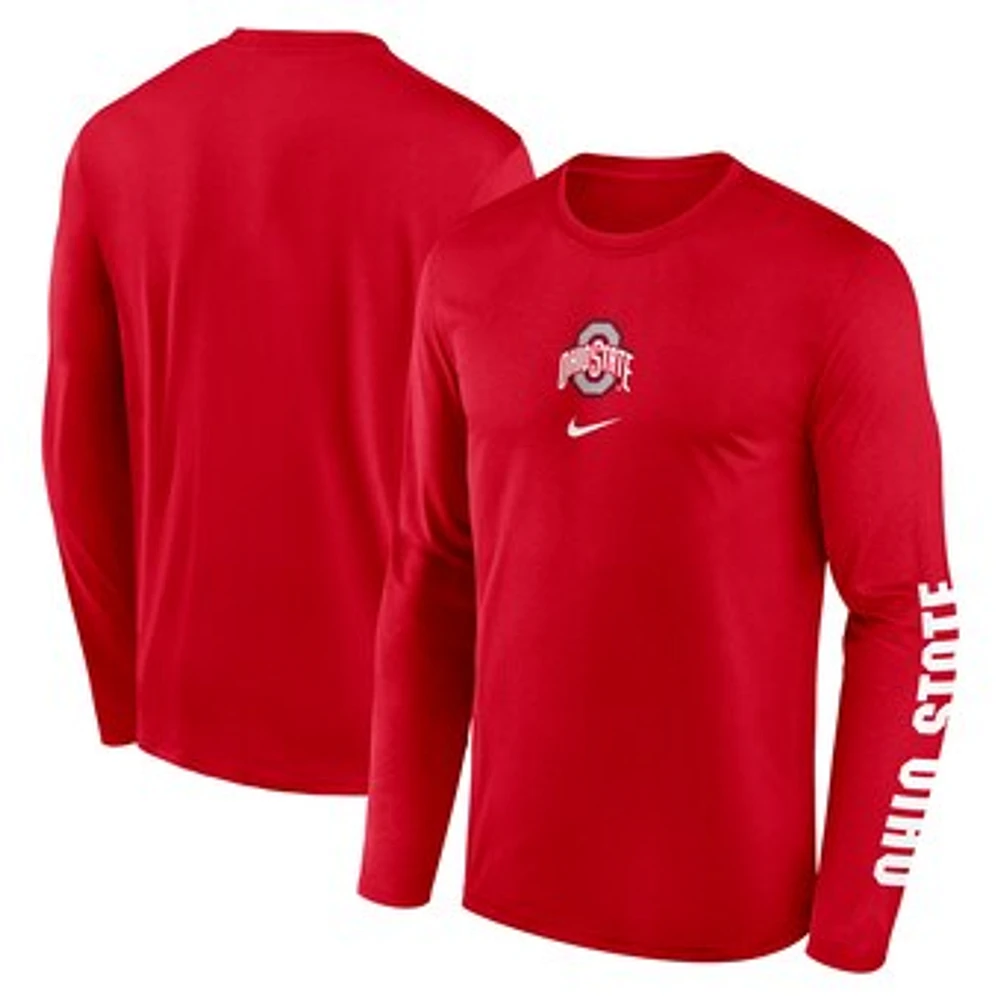 Men's Nike Scarlet Ohio State Buckeyes Primetime Center Lockup Two-Hit Legend Performance Long Sleeve T-Shirt