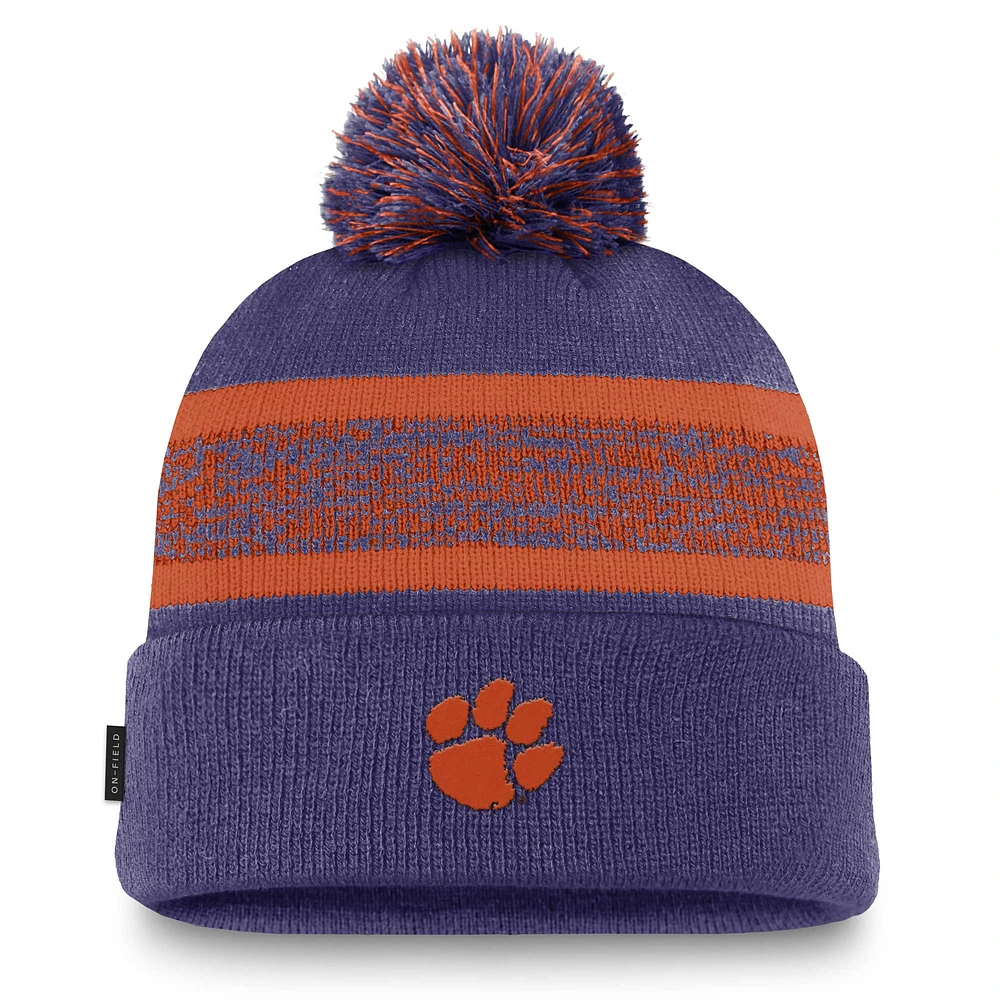 Men's Nike Purple Clemson Tigers On-Field Peak Cuffed Knit Hat with Pom