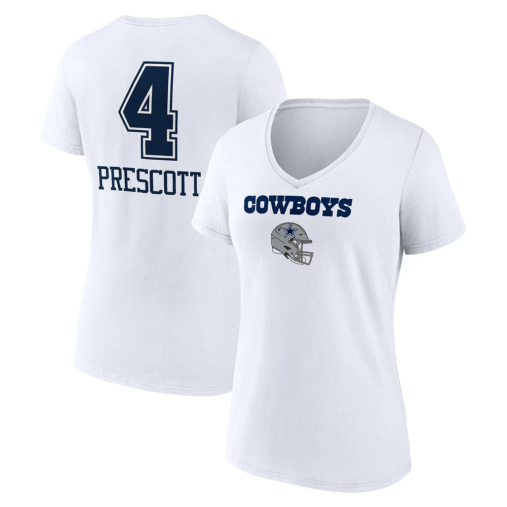 Women's Dak Prescott White Dallas Cowboys Team Wordmark Player Name & Number V-Neck T-Shirt