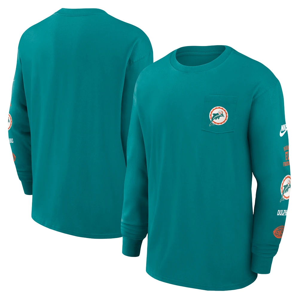 Men's Nike Aqua Miami Dolphins Rewind Heavy Max90 Pocket Long Sleeve T-Shirt
