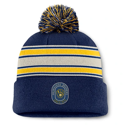 Men's Fanatics Navy Milwaukee Brewers Fundamental Patch Cuffed Knit Hat with Pom