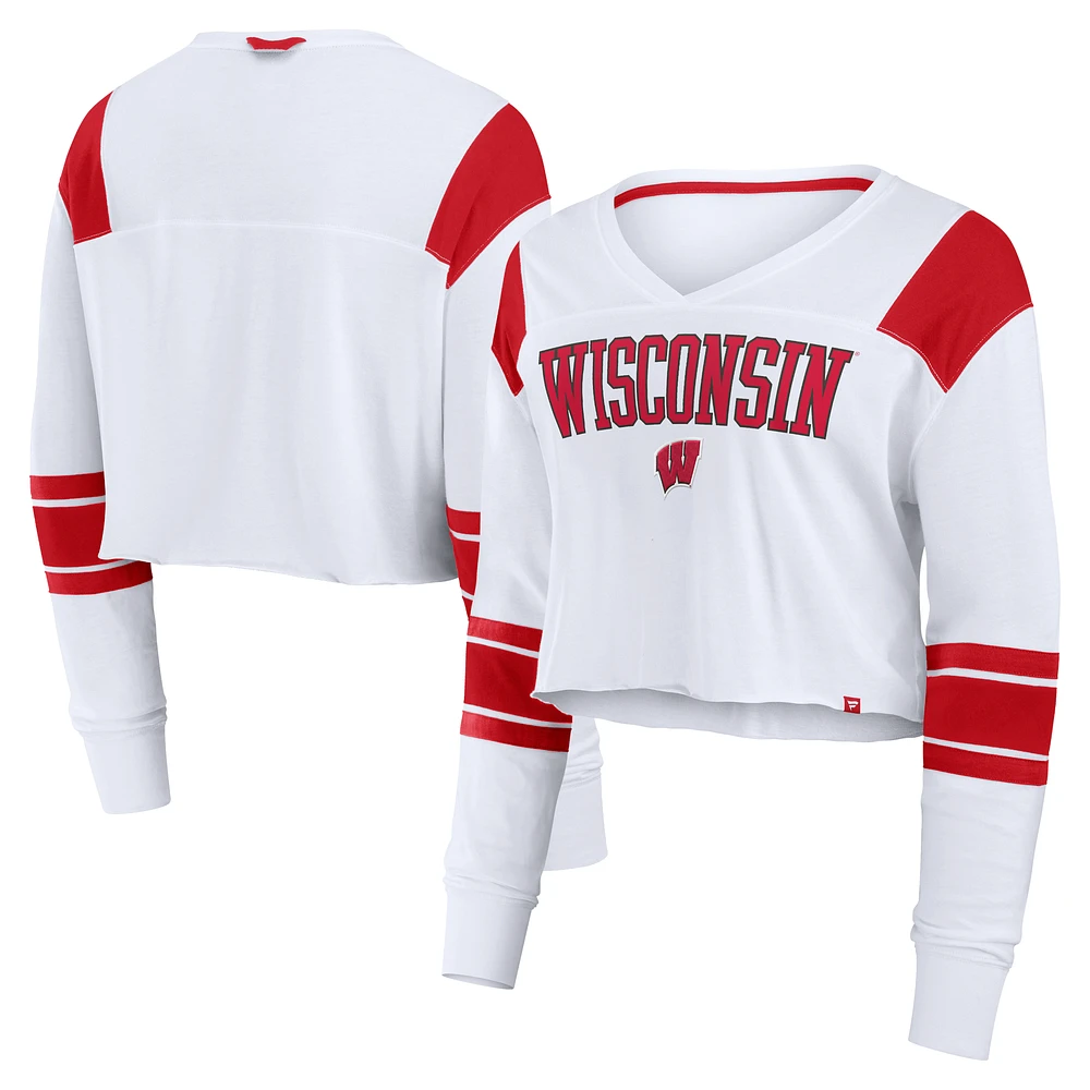 Women's Fanatics White Wisconsin Badgers Training Camp Cropped Long Sleeve V-Neck Fashion Top