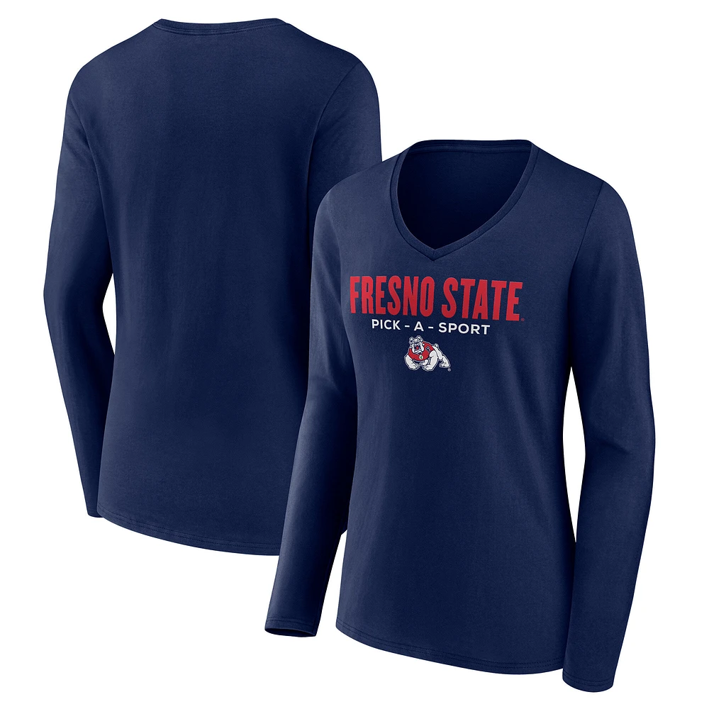 Women's Navy Fresno State Bulldogs Authentic Pick-A-Sport Long Sleeve V-Neck T-Shirt