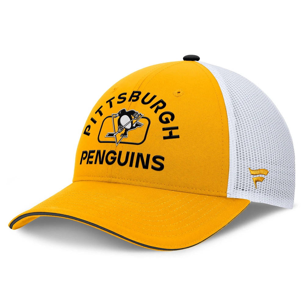 Men's Fanatics Gold/White Pittsburgh Penguins Authentic Pro Rink Trucker Hat