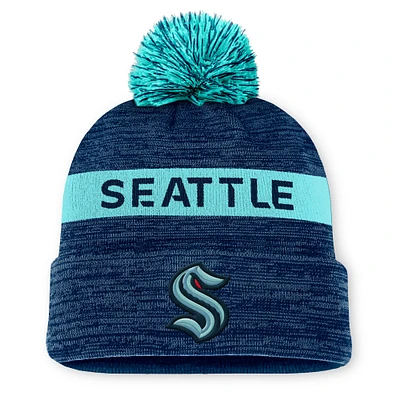 Men's Fanatics Deep Sea Blue/Light Blue Seattle Kraken Authentic Pro Rink Cuffed Knit Hat with Pom