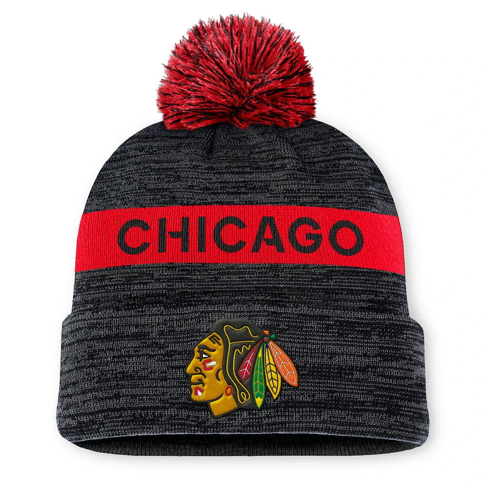 Men's Fanatics Black/Red Chicago Blackhawks Authentic Pro Rink Cuffed Knit Hat with Pom