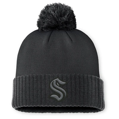 Men's Fanatics Black Seattle Kraken Authentic Pro Road Cuffed Knit Hat with Pom