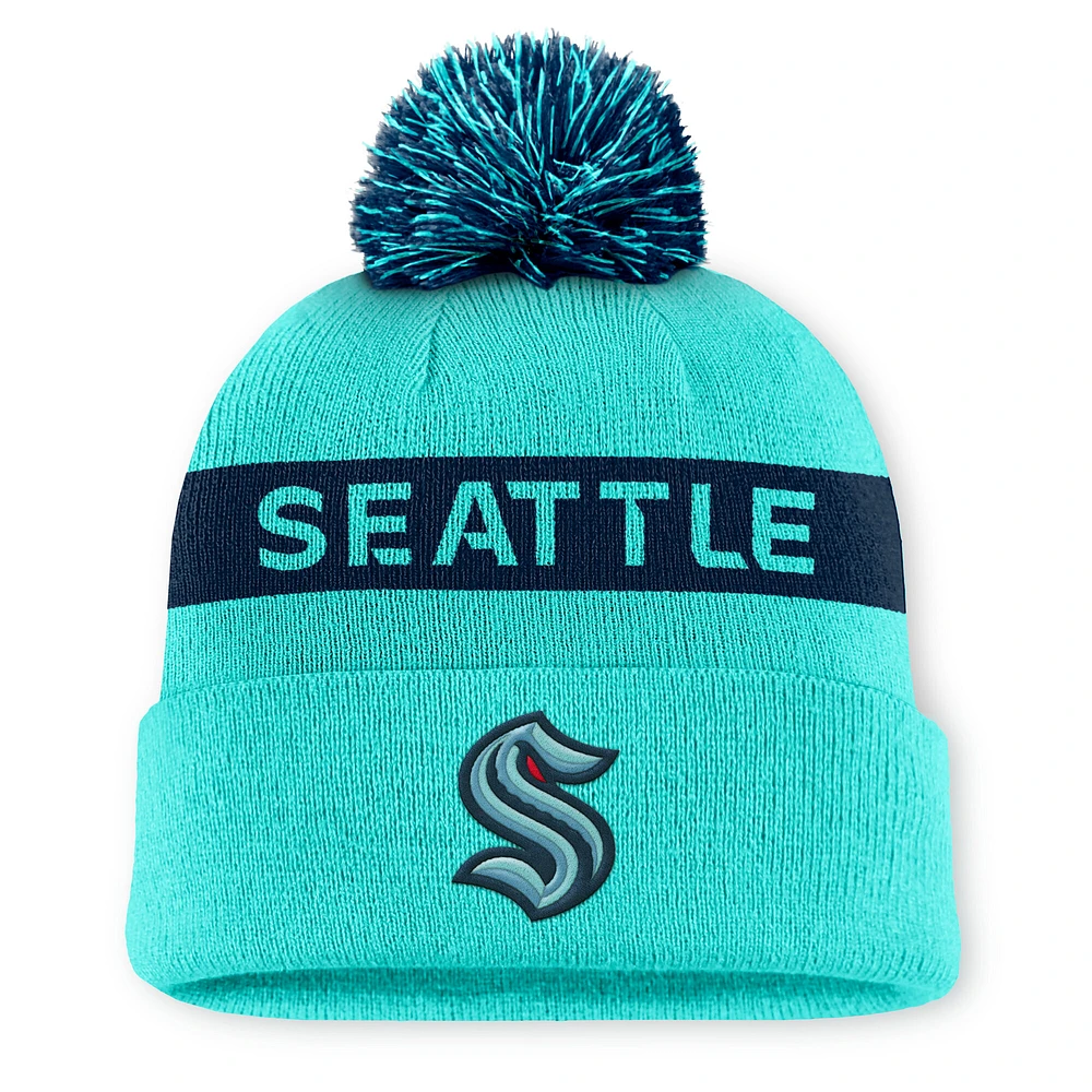 Women's Fanatics Light Blue/Navy Seattle Kraken Authentic Pro Rink Cuffed Knit Hat with Pom