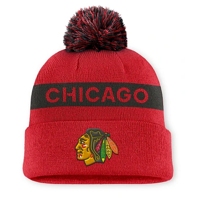 Women's Fanatics Red/Black Chicago Blackhawks Authentic Pro Rink Cuffed Knit Hat with Pom
