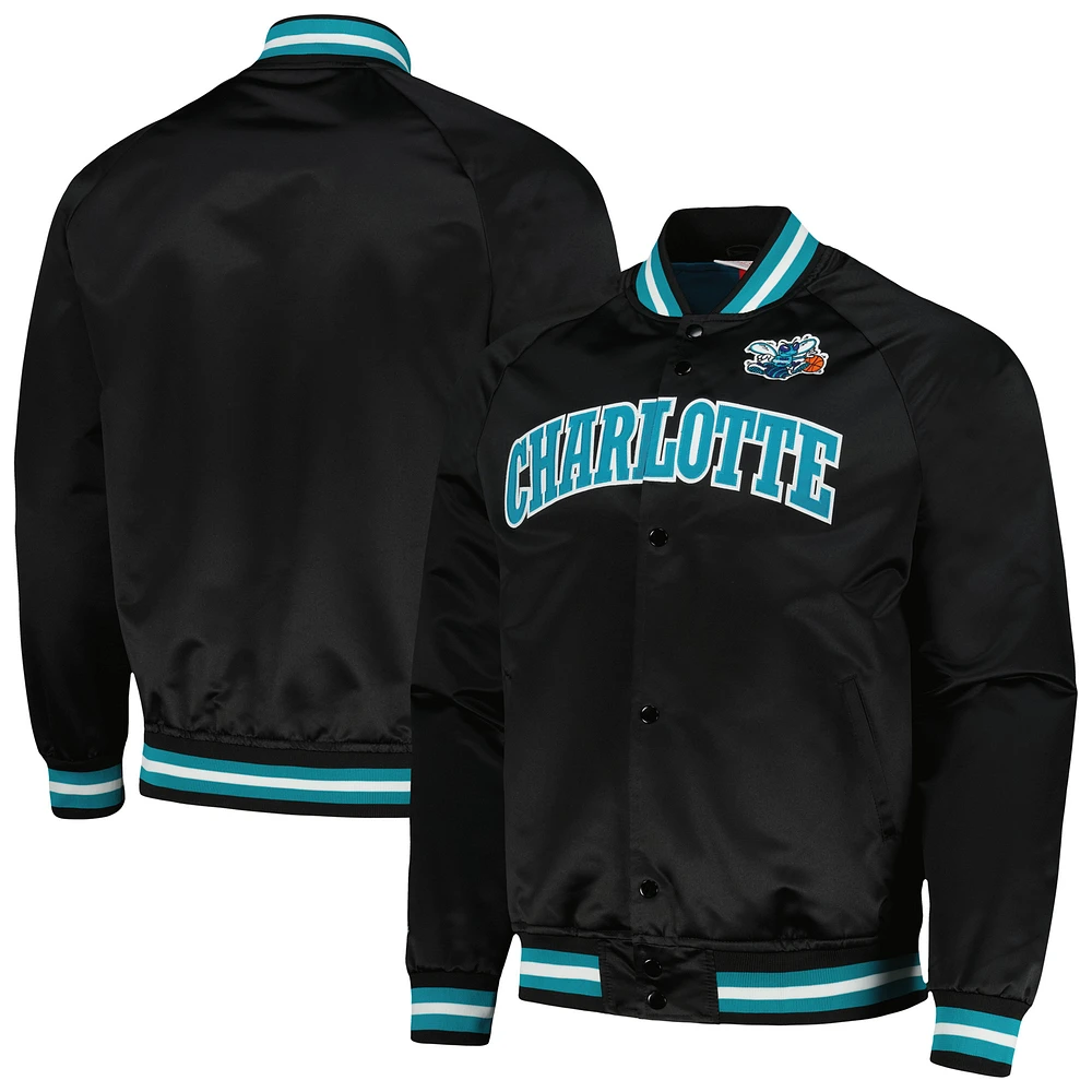 Men's Mitchell & Ness Black Charlotte Hornets Hardwood Classics Throwback Wordmark Raglan Full-Snap Jacket