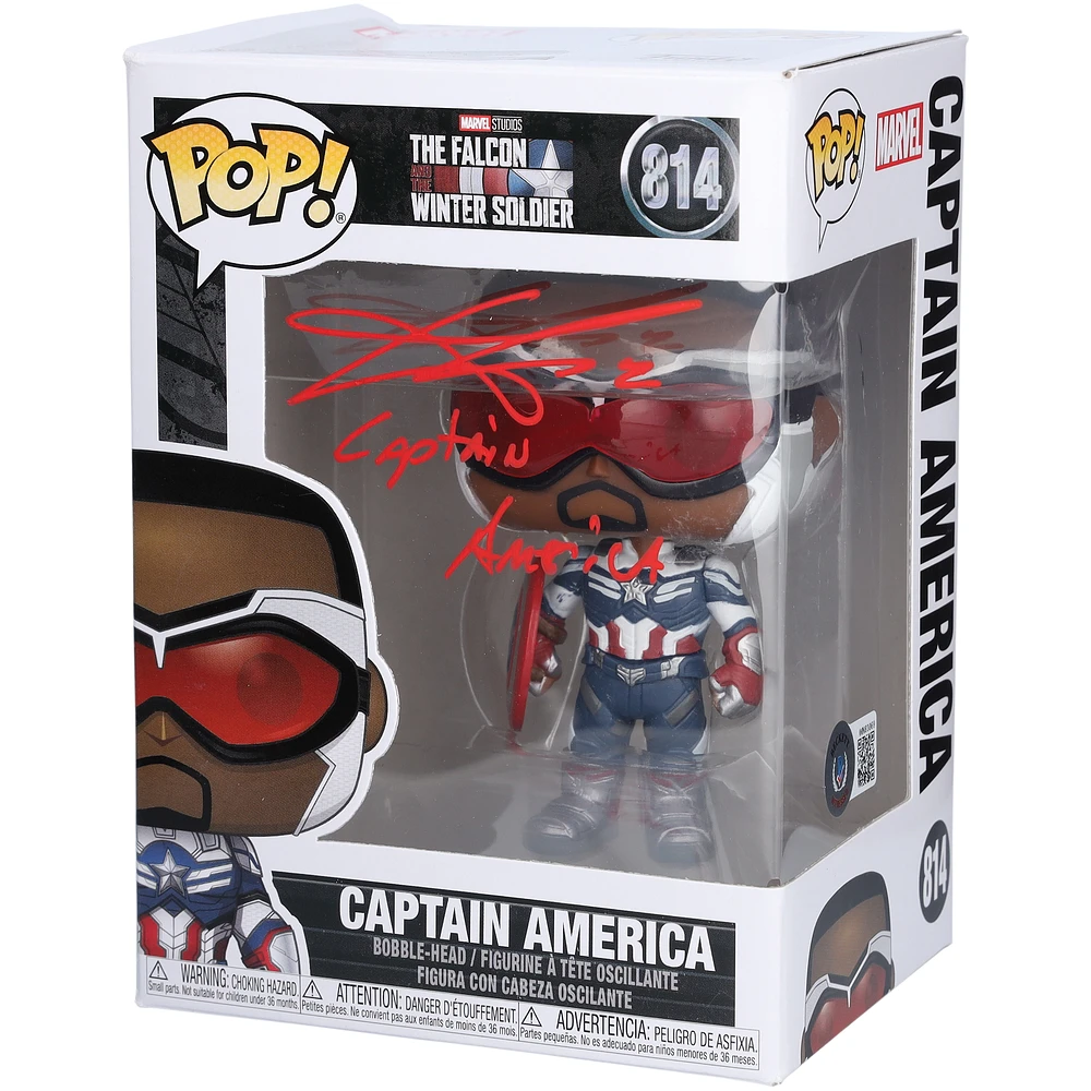 Anthony Mackie The Falcon and The Winter Soldier Autographed Captain America #814 Funko Pop! Figurine With "Captain America" Inscription - Signed in Red Paint - BAS