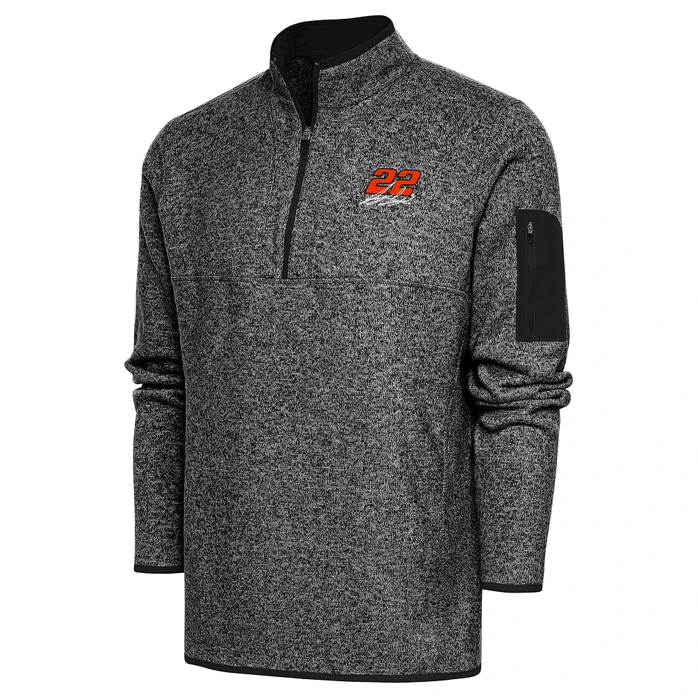 Men's Antigua Heather Black Joey Logano Fortune Quarter-Zip Pullover Jacket