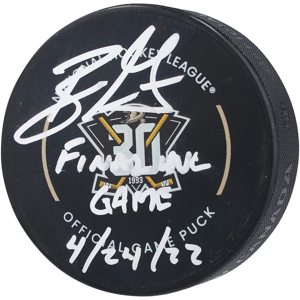 Ryan Getzlaf Anaheim Ducks Autographed 30th Anniversary Official Game Puck with "Final NHL Game 4/24/22" Inscription