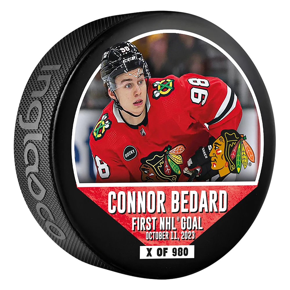 Connor Bedard Chicago Blackhawks First NHL Goal Hockey Puck - Limited Edition of 980