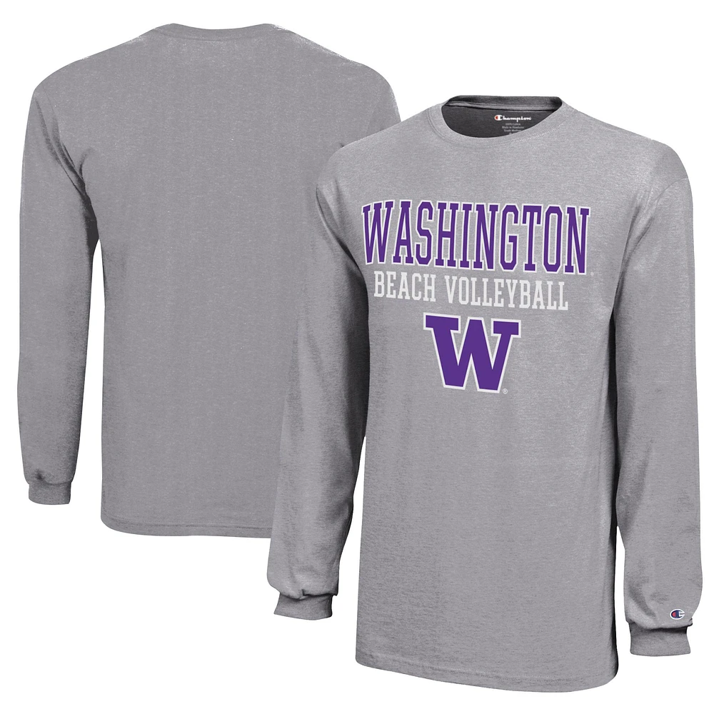 Youth Champion Gray Washington Huskies Beach Volleyball Stacked Jersey Long Sleeve T-Shirt