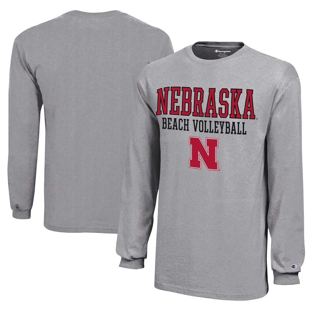 Youth Champion Gray Nebraska Huskers Beach Volleyball Stacked Jersey Long Sleeve T-Shirt