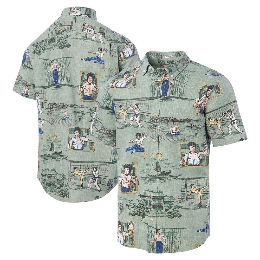 Men's Reyn Spooner Bruce Lee Green Hollywood Icons Little Dragon Tailored Button-Down Shirt