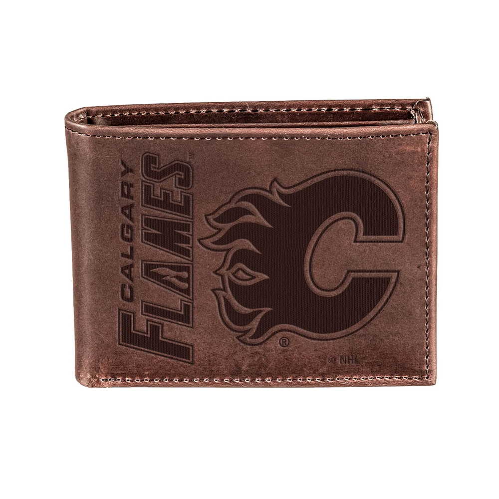 Brown Calgary Flames Bi-Fold Leather Wallet
