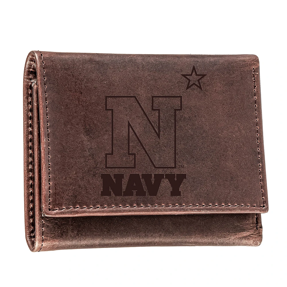 Brown Navy Midshipmen Leather Tri-Fold Wallet