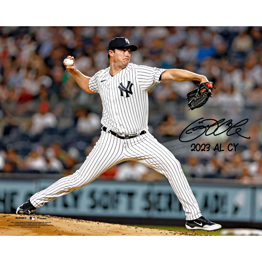 Gerrit Cole New York Yankees Autographed 2023 American League Cy Young Award 16" x 20" White Jersey Pitching Photograph with "23 AL Cy Young" Inscription