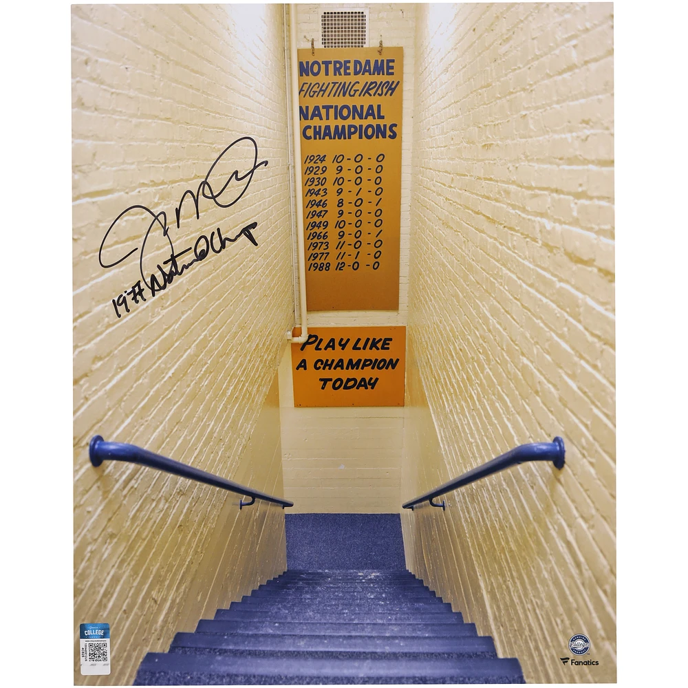 Joe Montana Notre Dame Fighting Irish Autographed 16" x 20" Play Like a Champion Photograph with "1977 National Champs" Inscription