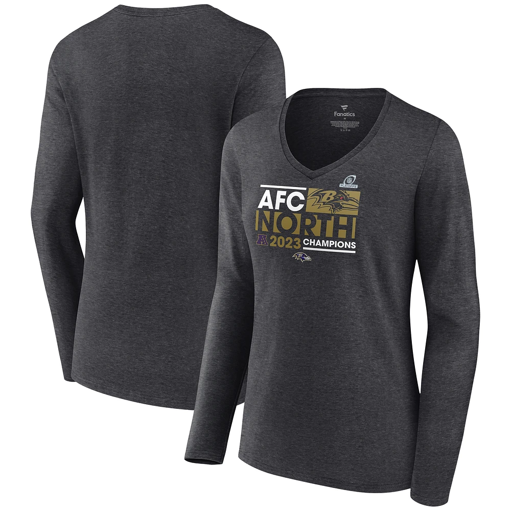 Women's Fanatics Heather Charcoal Baltimore Ravens 2023 AFC North Division Champions Conquer Long Sleeve V-Neck T-Shirt