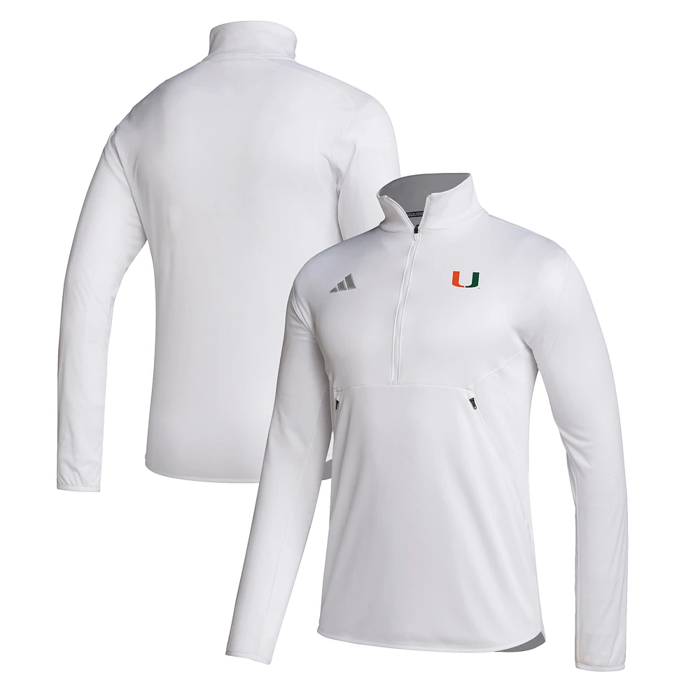 Men's adidas White Miami Hurricanes Stadium Knit Quarter-Zip Pullover Jacket
