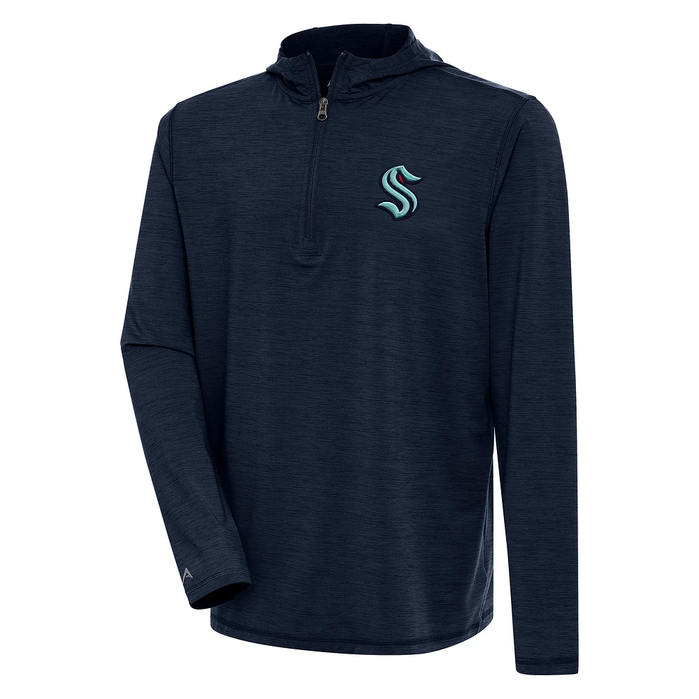 Men's Antigua Heather Deep Sea Blue Seattle Kraken Tidy Quarter-Zip Pullover Hoodie