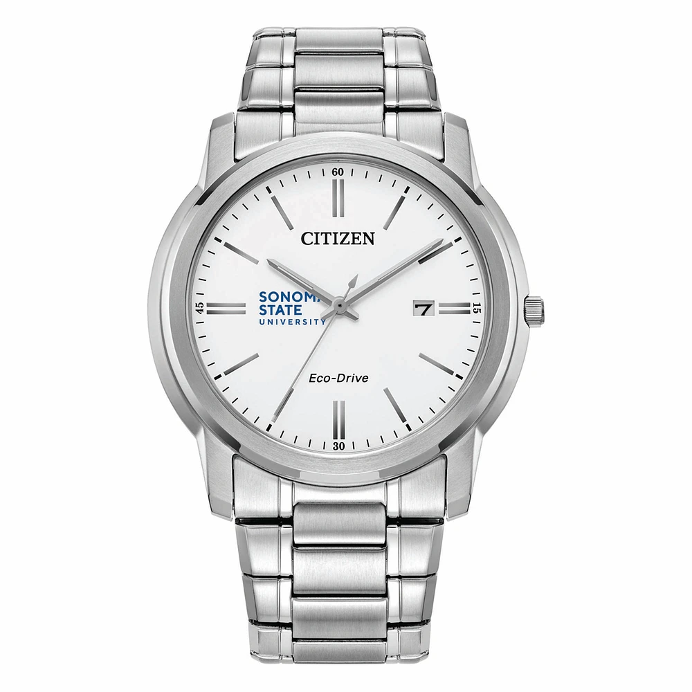 Men's Citizen Watch Silver Sonoma State Seawolves Eco-Drive White Dial Stainless Steel Watch