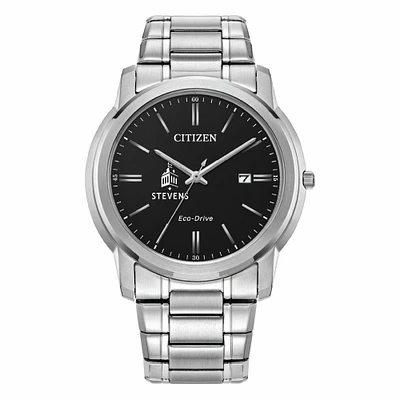 Men's Citizen Watch Silver Stevens Institute of Technology Ducks Eco-Drive Black Dial Stainless Steel Watch