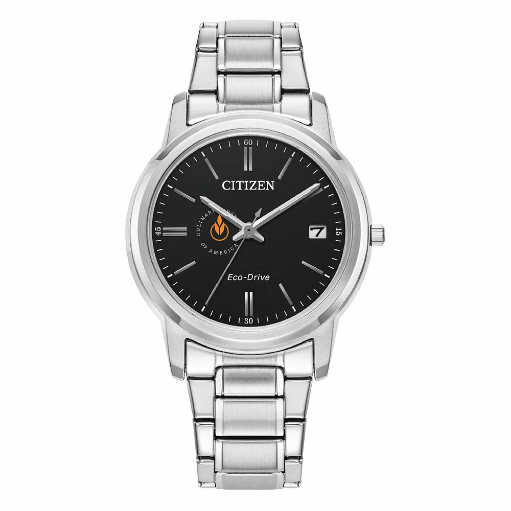 Women's Citizen Watch Silver Culinary Institute of America Steels Eco-Drive Black Dial Stainless Steel Watch