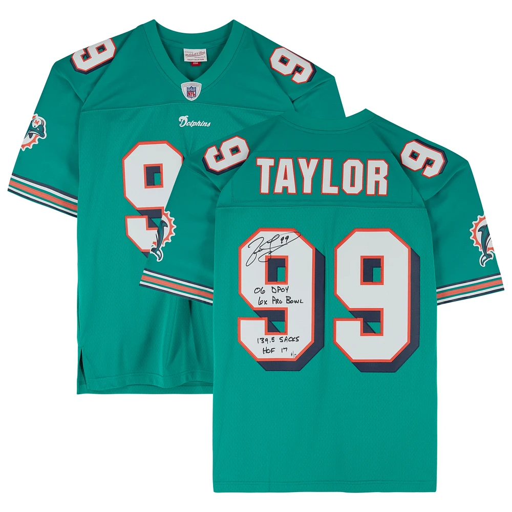 Jason Taylor Miami Dolphins Autographed Aqua 2006-07 Mitchell & Ness Replica Jersey with Multiple Inscriptions - Limited Edition of 17