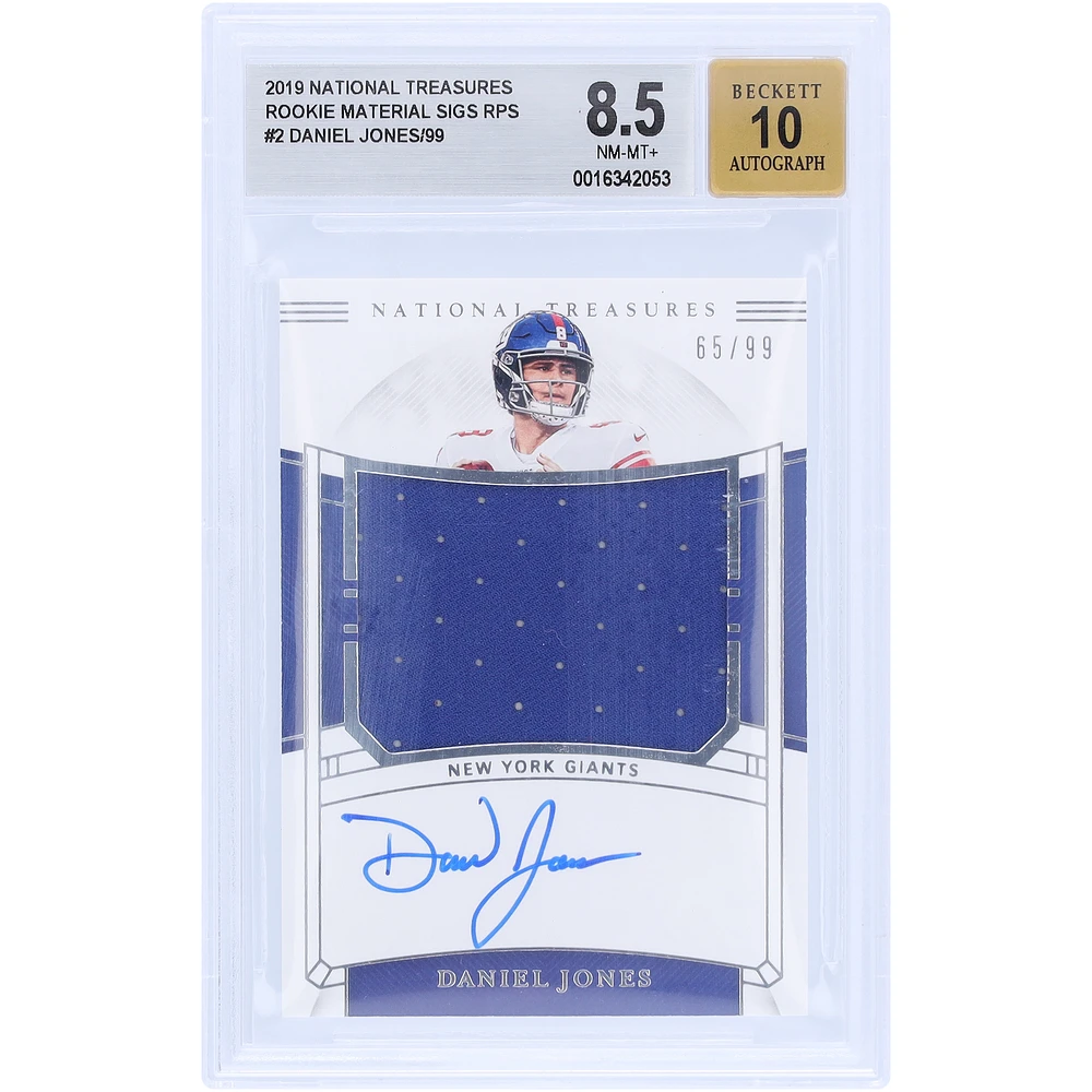 Daniel Jones New York Giants Autographed 2019 Panini National Treasures Jumbo Relic #RMS-DJ #65/99 BGS Authenticated 8.5/10 Rookie Card