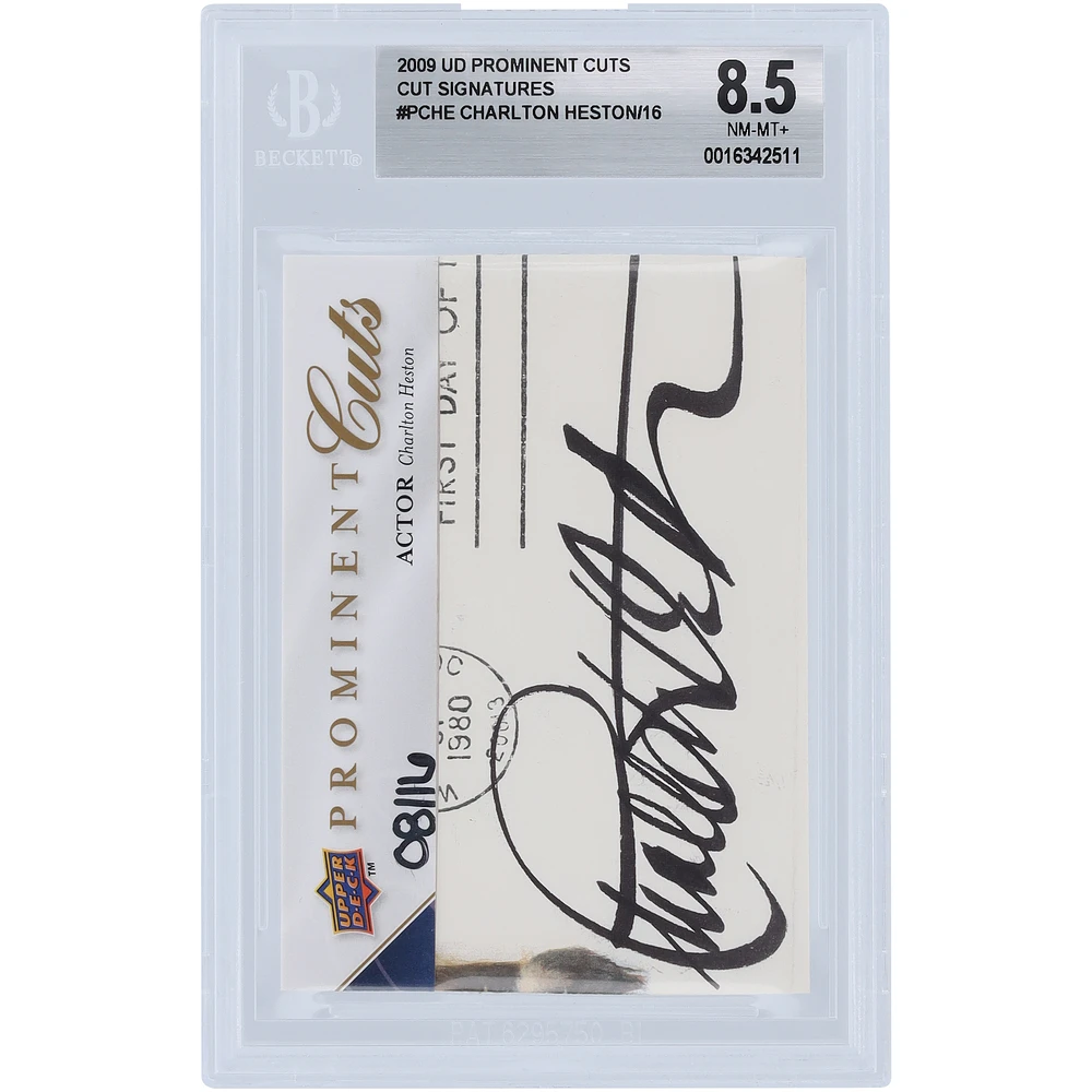 Charlton Heston Historical Figures Autographed 2009 Upper Deck Prominent Cuts Cut Signatures #PC-HE #8/16 BGS Authenticated 8.5 Card