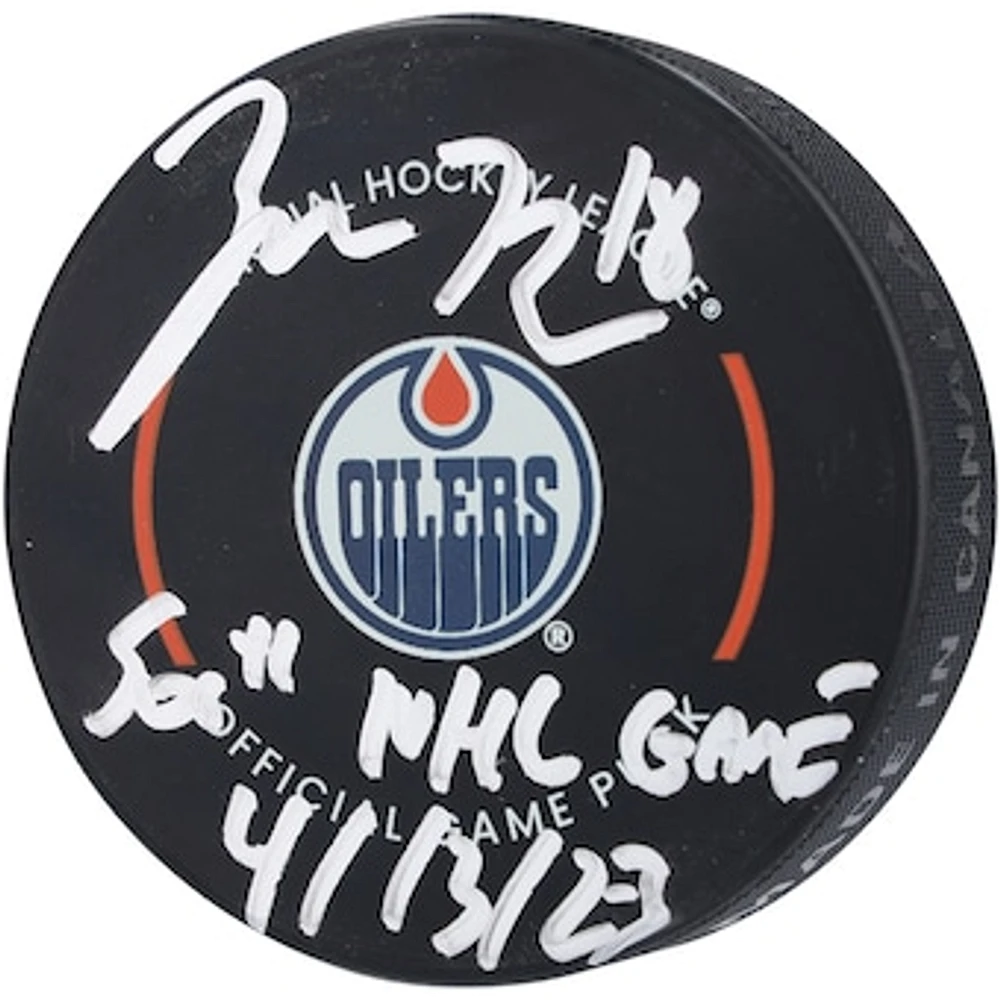 Zach Hyman Edmonton Oilers Autographed Official Game Puck with "500th NHL Game 4/13/23" Inscription