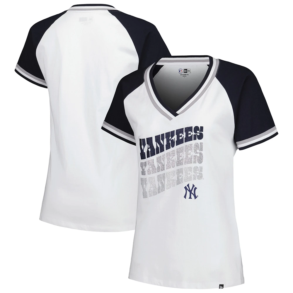 Women's New Era White New York Yankees Jersey Double Binding Raglan V-Neck T-Shirt