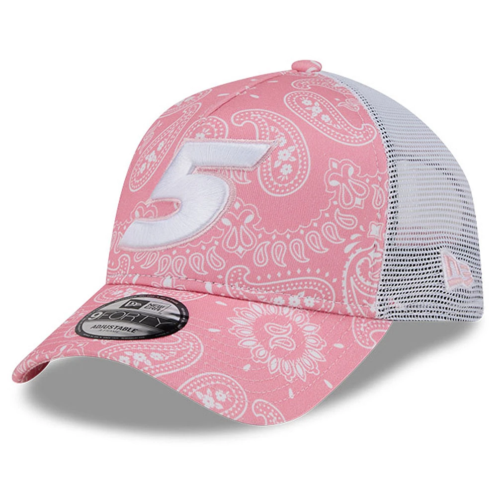 Men's New Era Pink Kyle Larson 9FORTY A-Frame Trucker Paisley Adjustable Hat
