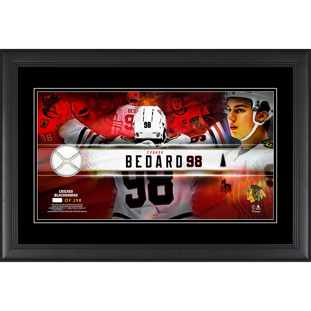 Connor Bedard Chicago Blackhawks Framed 10" x 18" Rookie Season Collage with a Piece of Game-Used Net and Puck - Limited Edition of 298